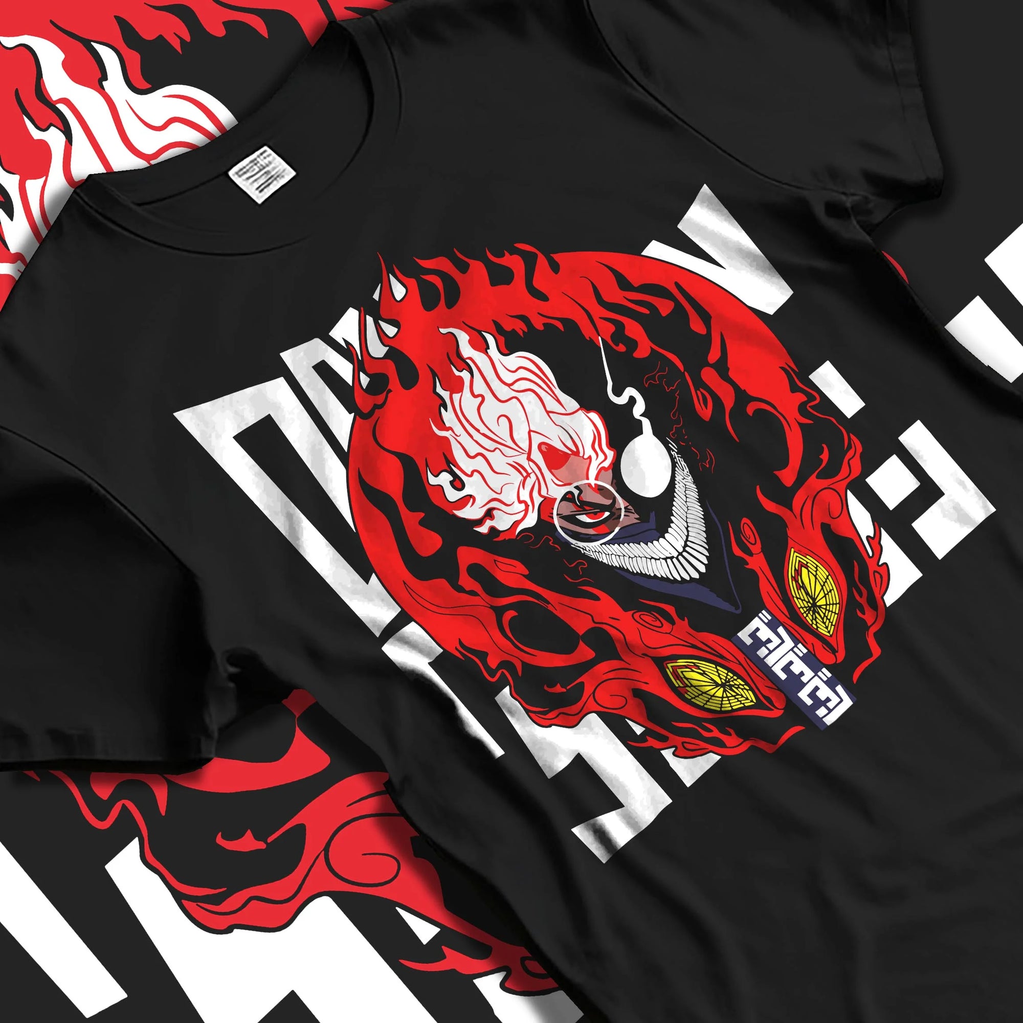 Black T-shirt laid flat with natural folds with Ken Turbo Granny Mode Dandadan Hoodie Paranormal Fusion graphic premium wear.