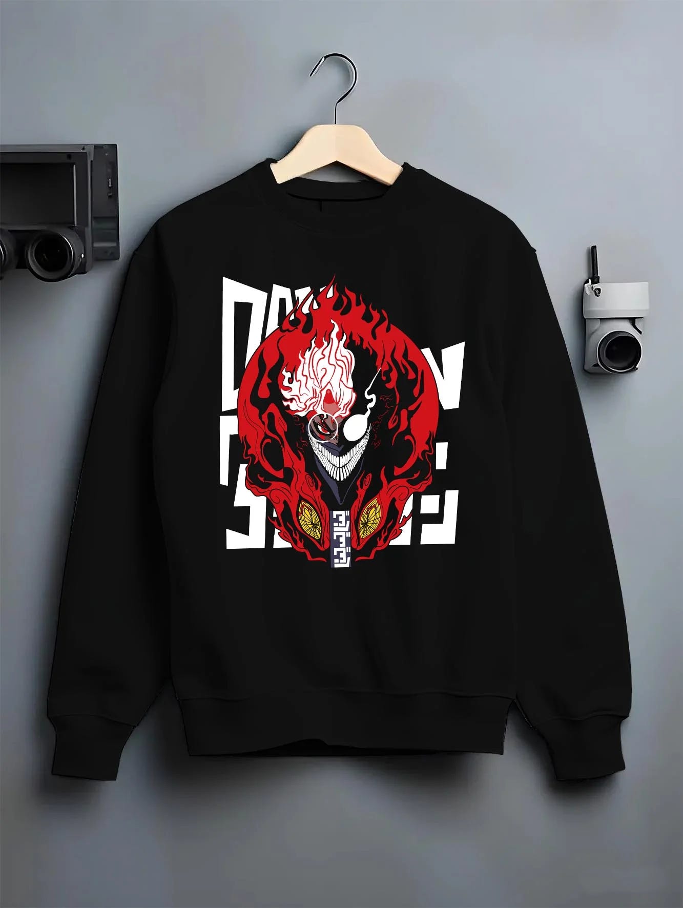 Black crewneck sweatshirt on hanger with Ken Turbo Granny Mode Dandadan Hoodie Paranormal Fusion graphic premium wear.