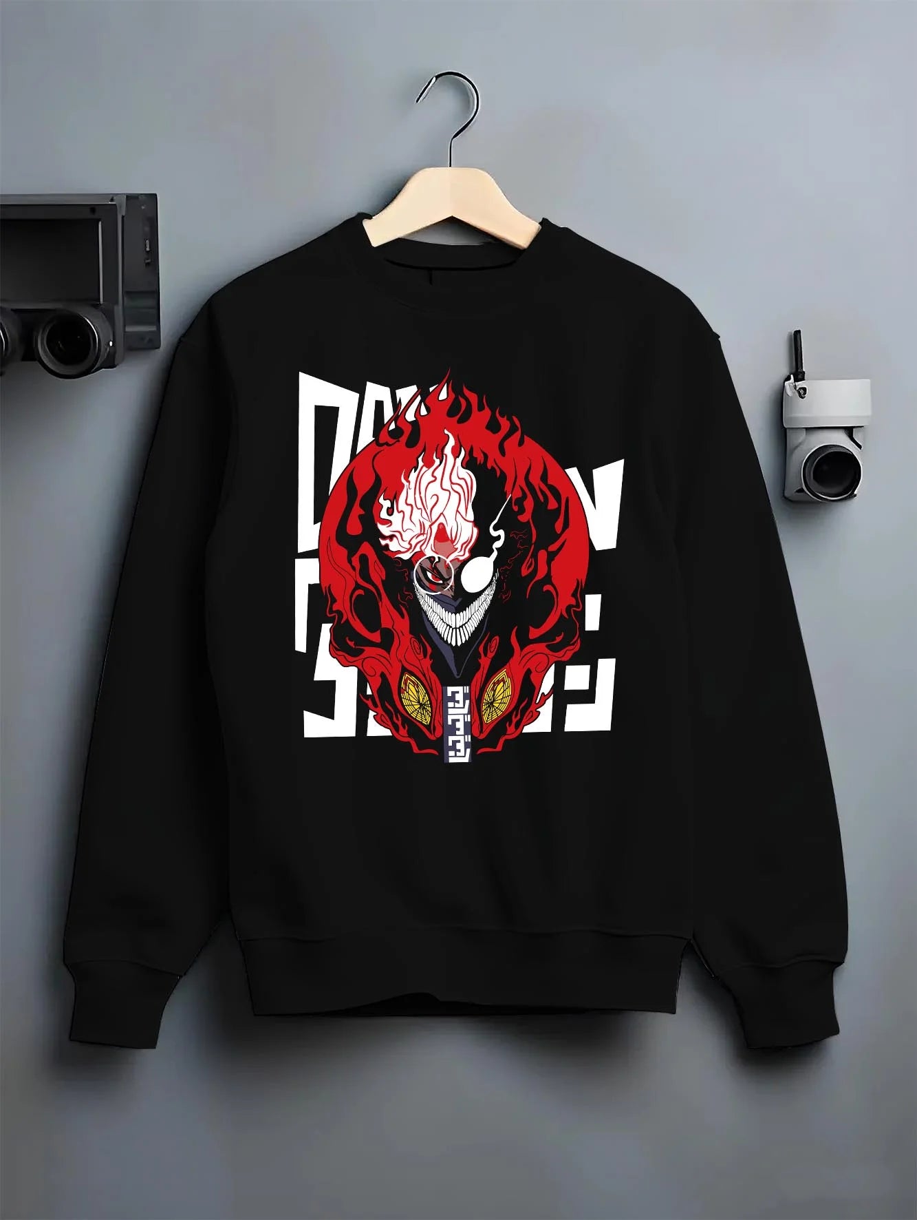 Black crewneck sweatshirt on hanger with Ken Turbo Granny Mode Dandadan Hoodie Paranormal Fusion graphic premium wear.