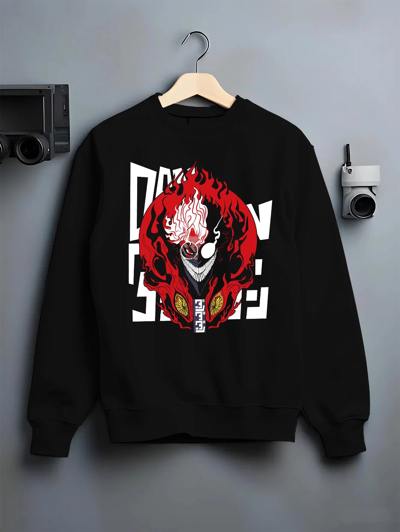 Black crewneck sweatshirt on hanger with Ken Turbo Granny Mode Dandadan Hoodie Paranormal Fusion graphic premium wear.