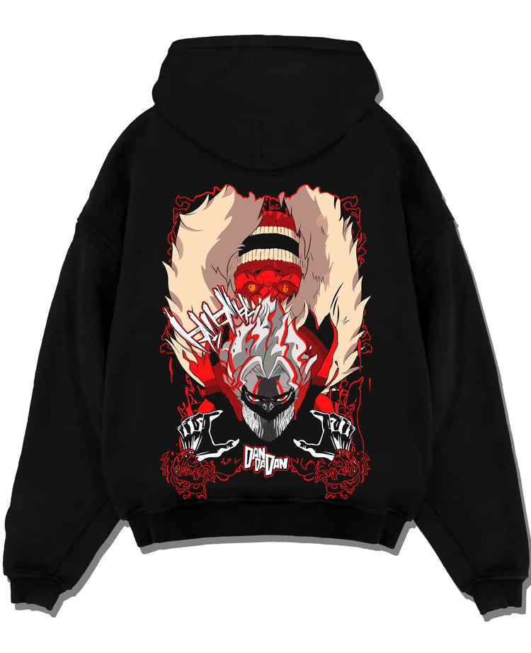 Black pullover hoodie laid flat with Turbo Granny Dandadan Hoodie Retro Yokai Anime Horror graphic streetwear graphic.