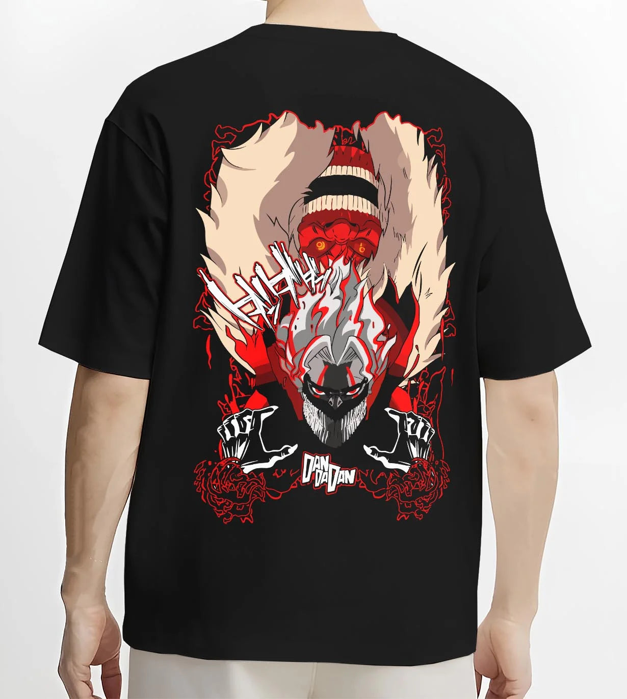 Black T-shirt worn by male model, back view with Turbo Granny Dandadan Hoodie Retro Yokai Anime Horror graphic streetwear graphic.