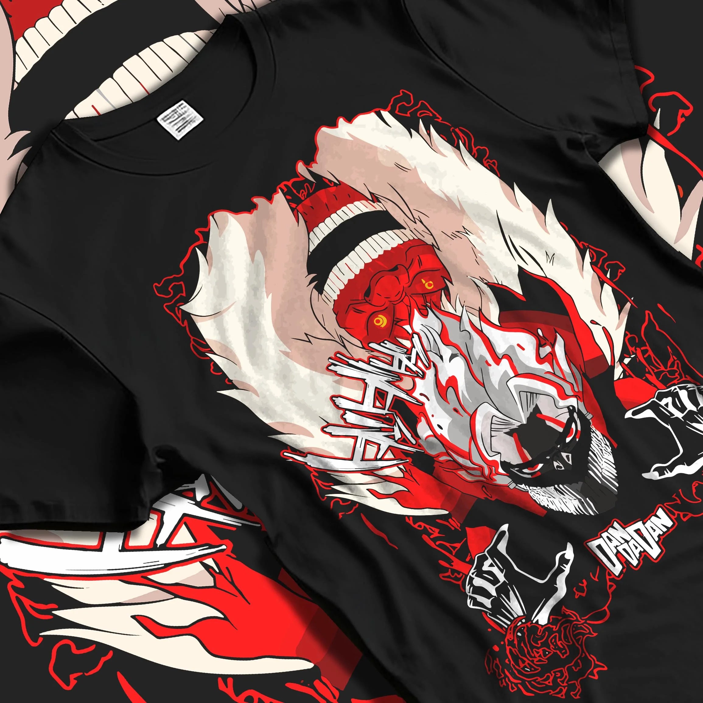 Black T-shirt laid flat with natural folds with Turbo Granny Dandadan Hoodie Retro Yokai Anime Horror graphic streetwear graphic.