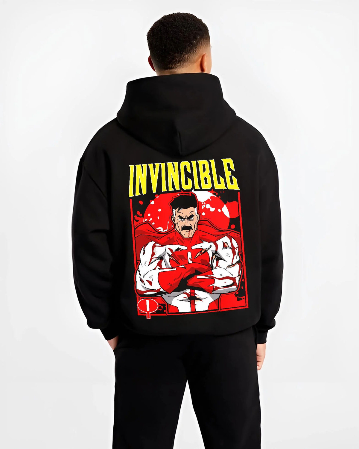 Black hoodie worn by male model from the back featuring Omni-Man Viltrumite battle power Invincible artwork.