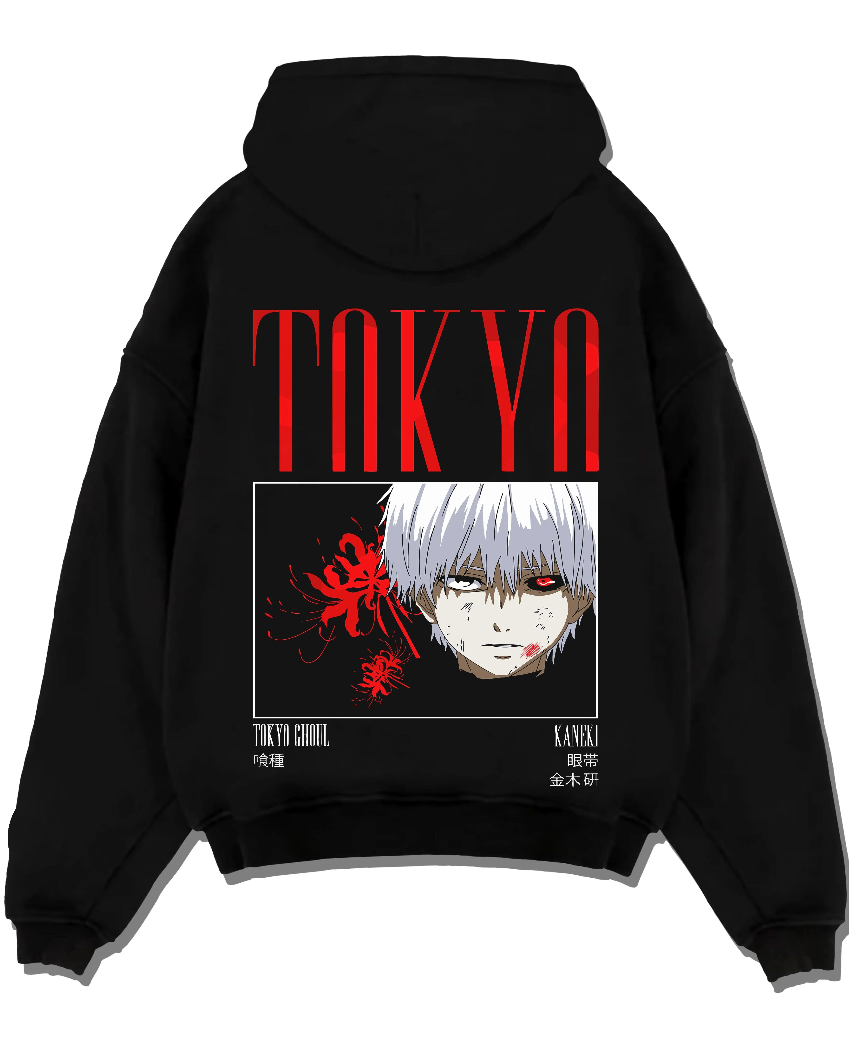 Black pullover hoodie laid flat with Ken Kaneki Hoodie Tokyo Ghoul One Eyed Mask graphic premium wear.