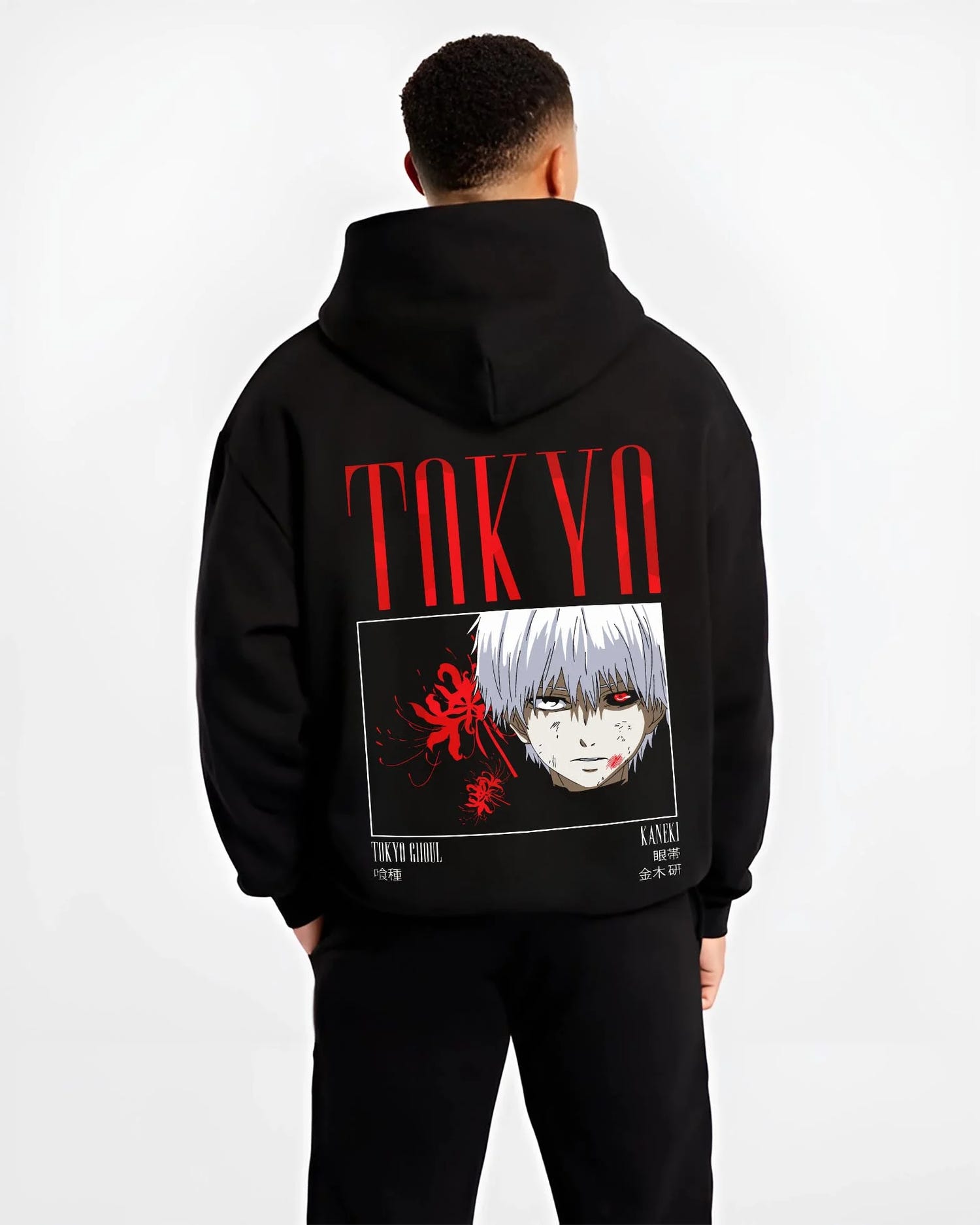 Black hoodie worn by male model, back view with Ken Kaneki Hoodie Tokyo Ghoul One Eyed Mask graphic streetwear graphic.
