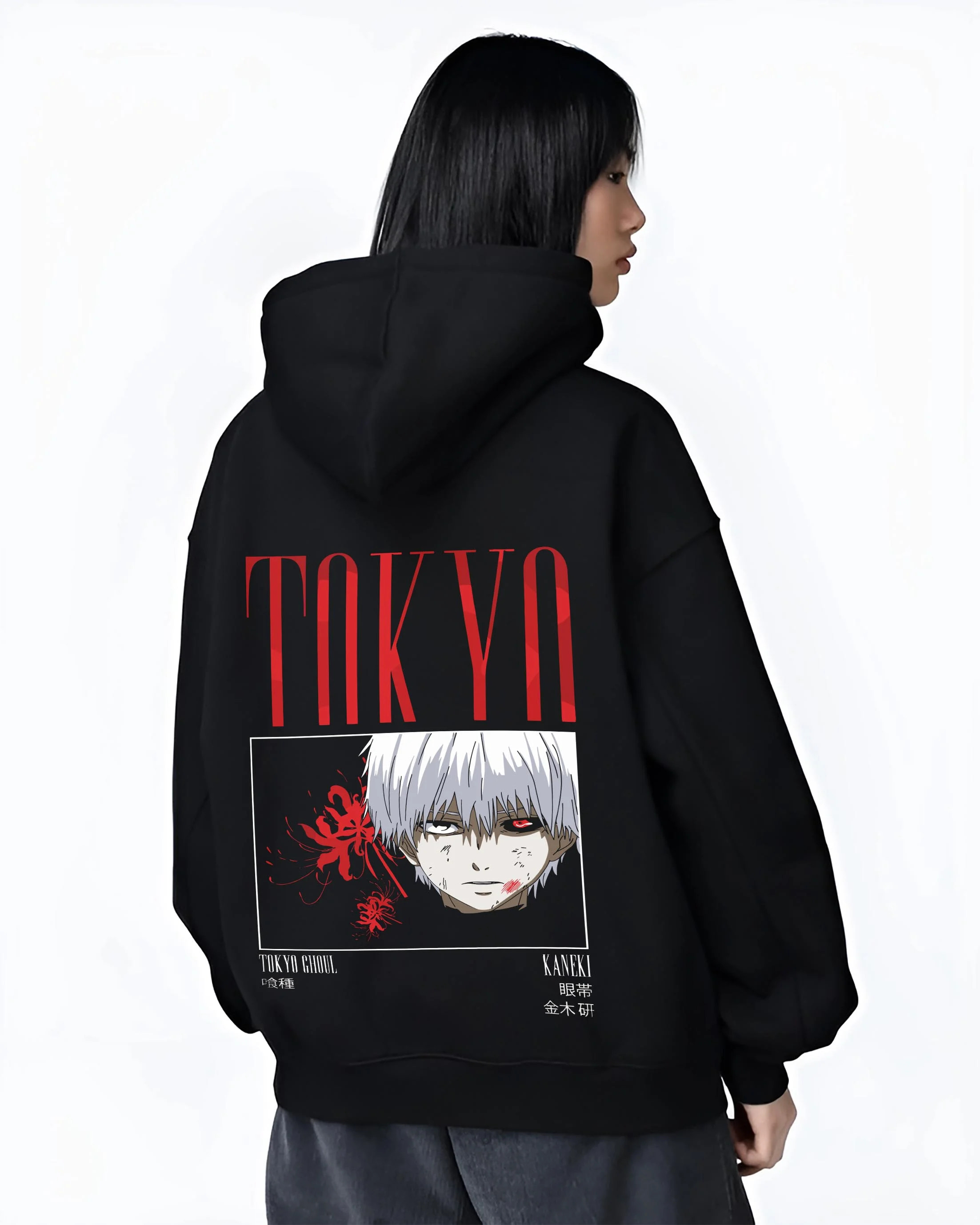 Black hoodie worn by female model, back view with Ken Kaneki Hoodie Tokyo Ghoul One Eyed Mask graphic premium wear.