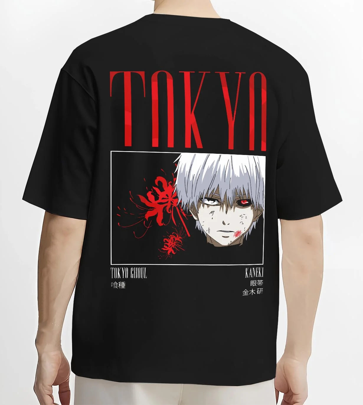 Black T-shirt worn by male model, back view with Ken Kaneki Hoodie Tokyo Ghoul One Eyed Mask graphic premium wear.