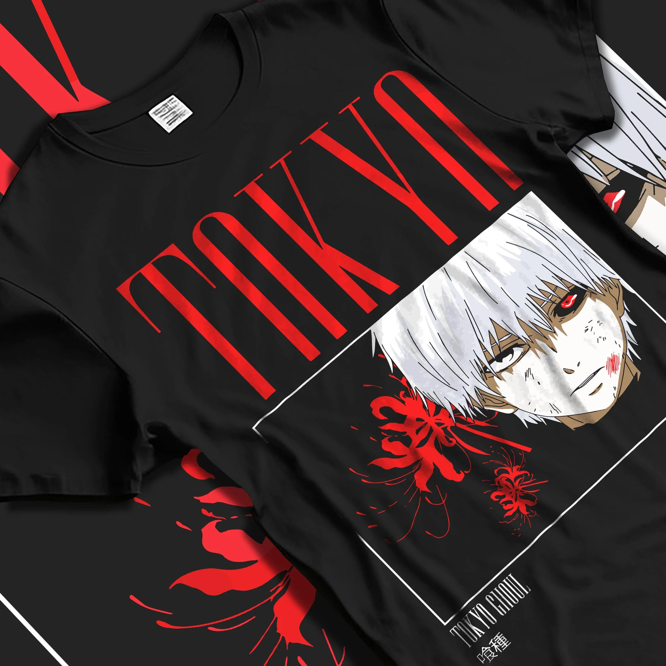 Black T-shirt laid flat with natural folds with Ken Kaneki Hoodie Tokyo Ghoul One Eyed Mask graphic premium wear.