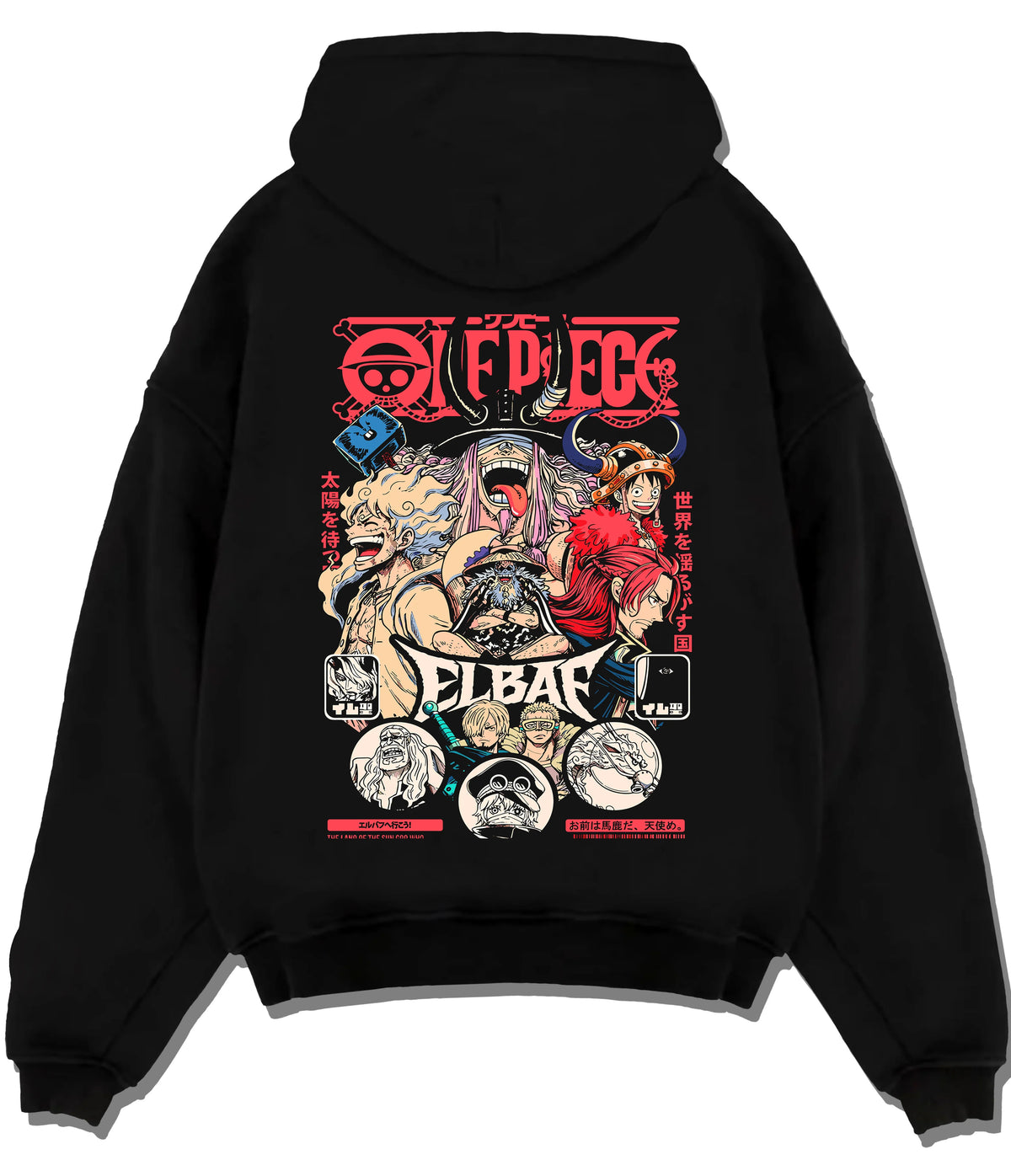 Black hoodie flat back view showing One Piece pirate ensemble: multiple characters