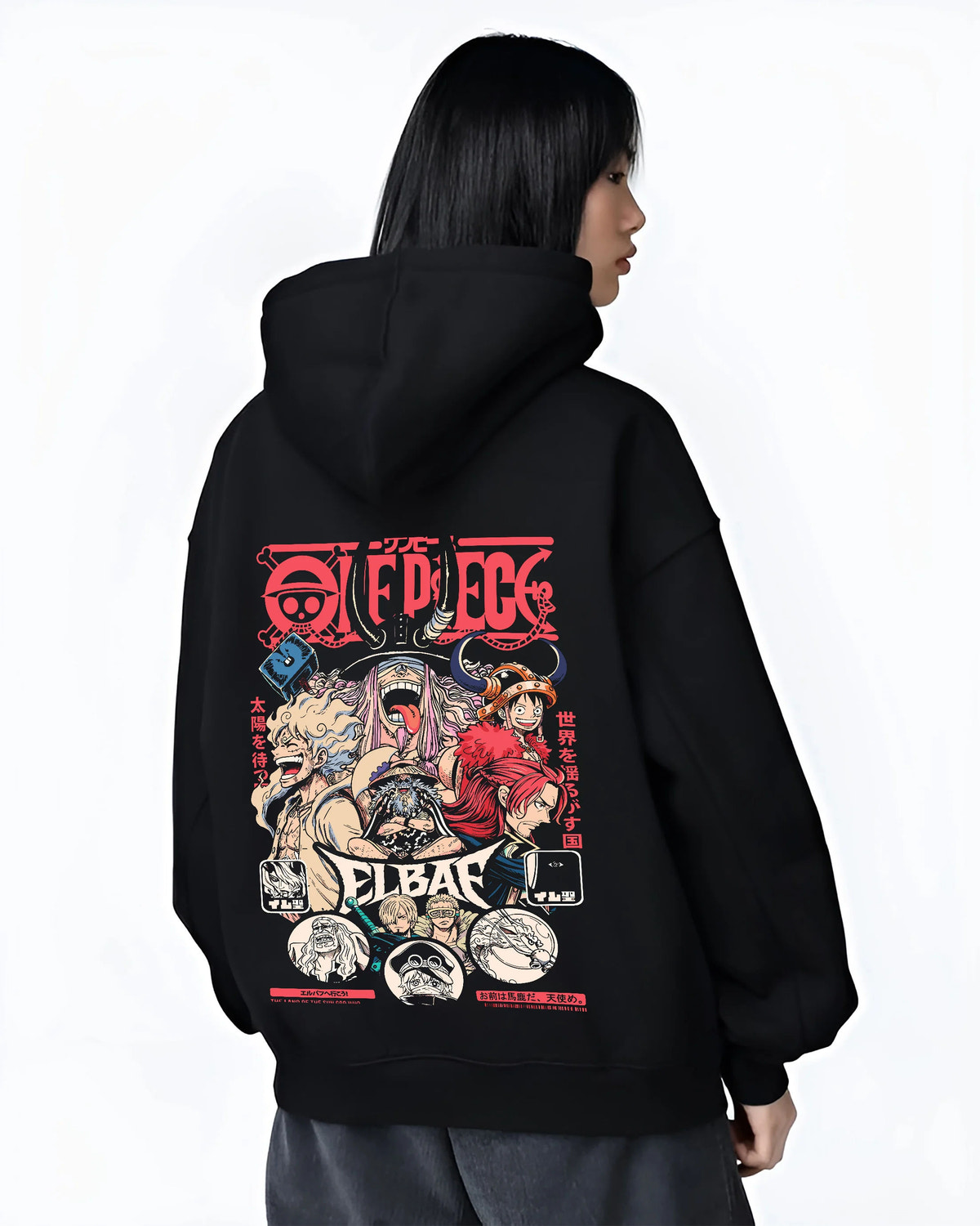 Black hoodie female model back view showing One Piece pirate ensemble: multiple characters