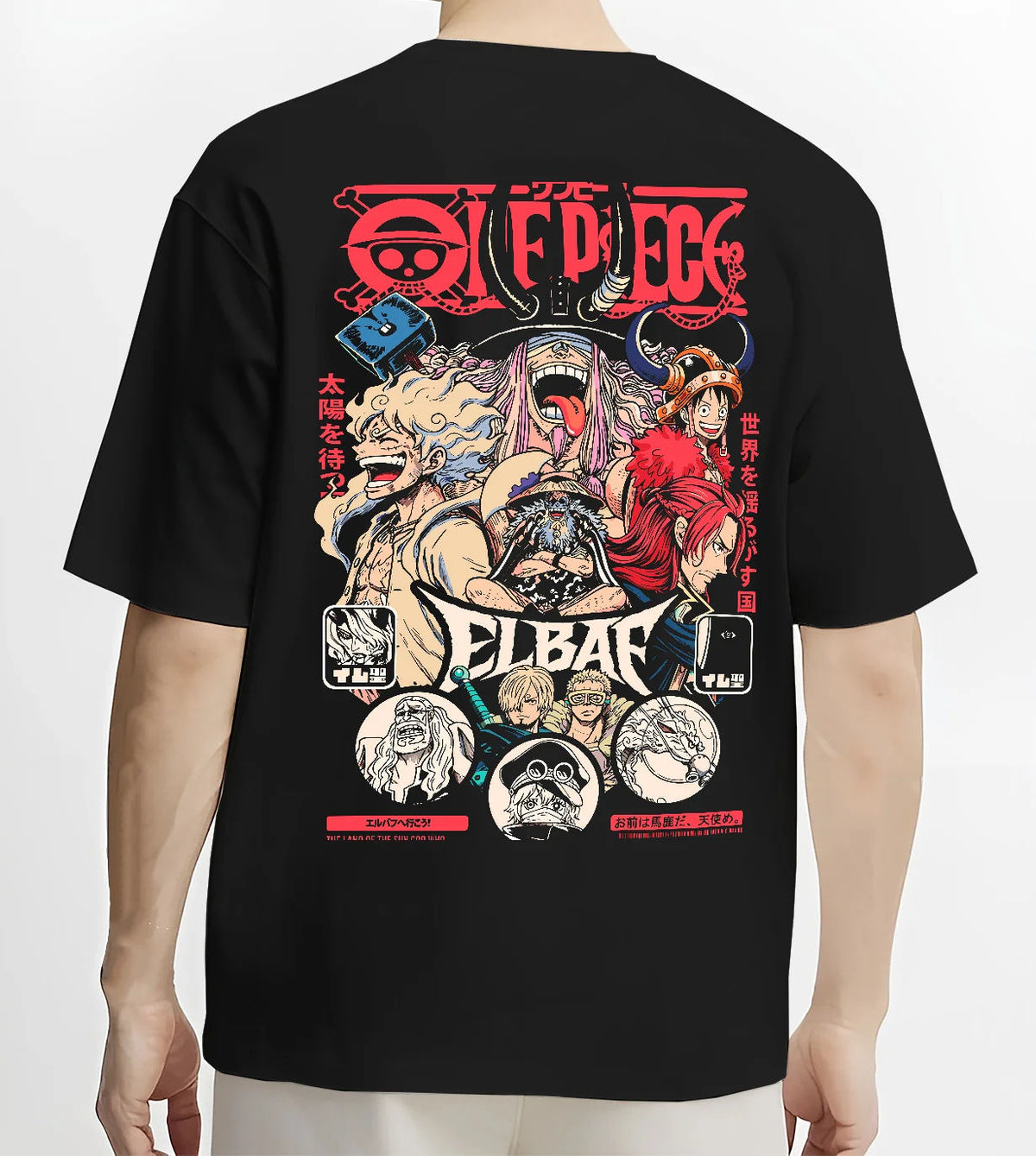 Black T-shirt model back view showing One Piece pirate ensemble: multiple characters