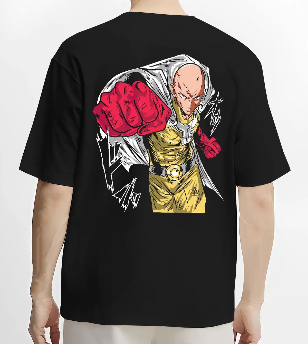 Black T-shirt worn by male model from the back featuring Saitama serious hero One Punch Man artwork.