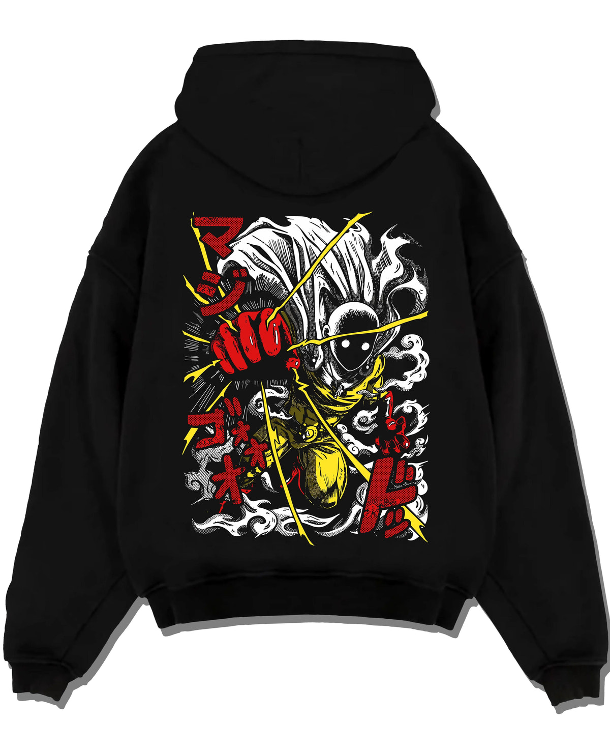 Black hoodie laid flat featuring Genos Demon Cyborg One Punch Man artwork.