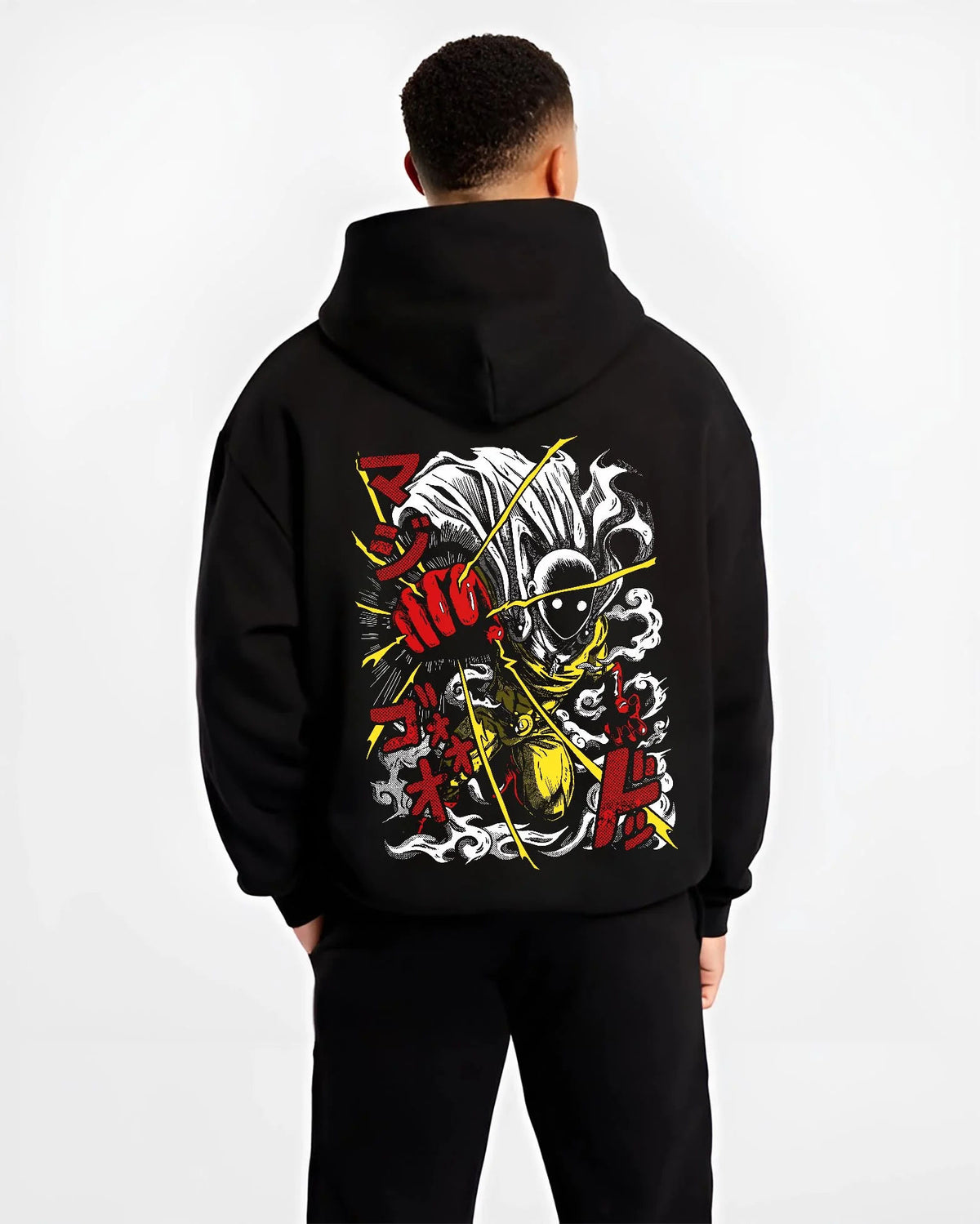 Black hoodie worn by male model from the back featuring Genos Demon Cyborg One Punch Man artwork.
