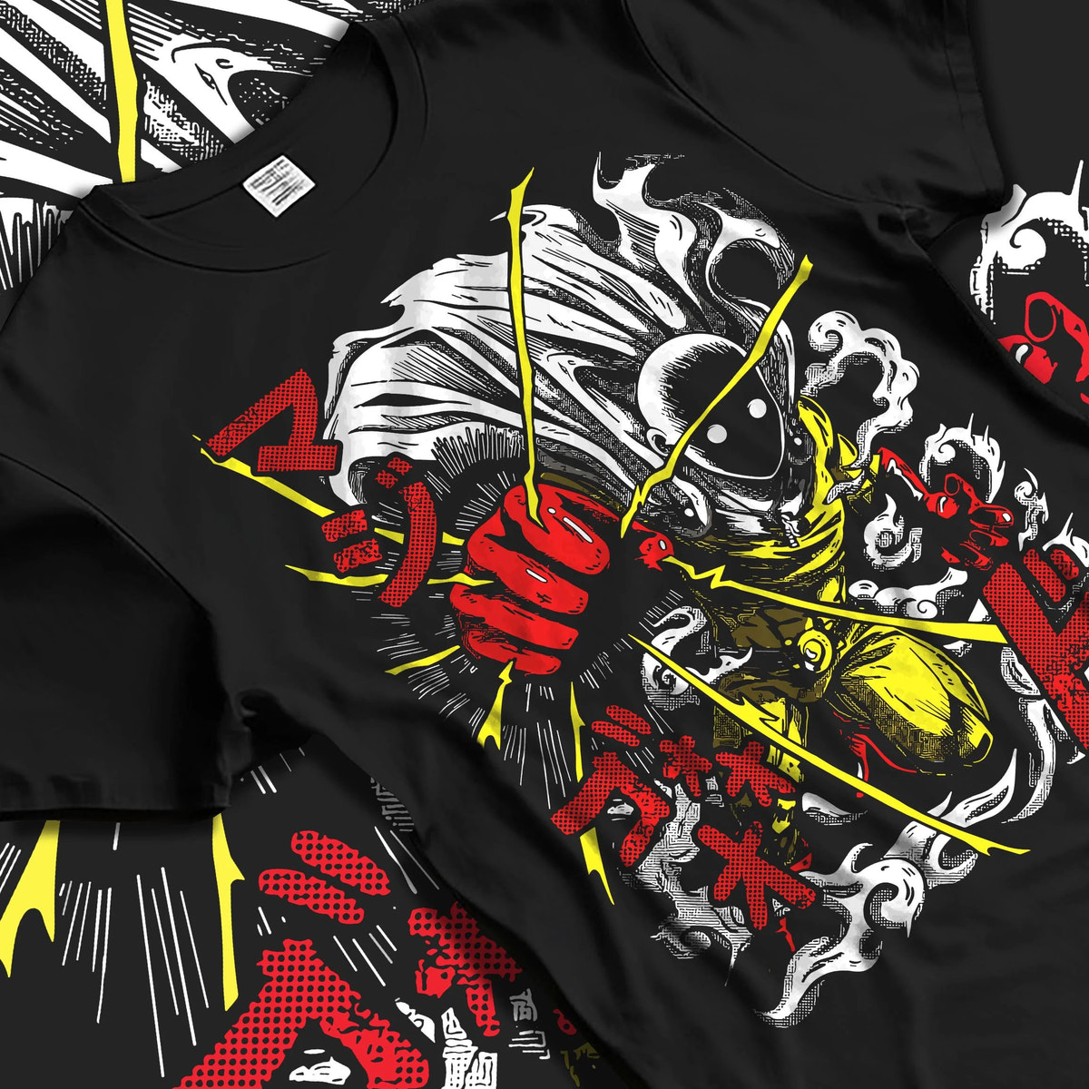 Black T-shirt laid flat with natural folds featuring Genos Demon Cyborg One Punch Man artwork.