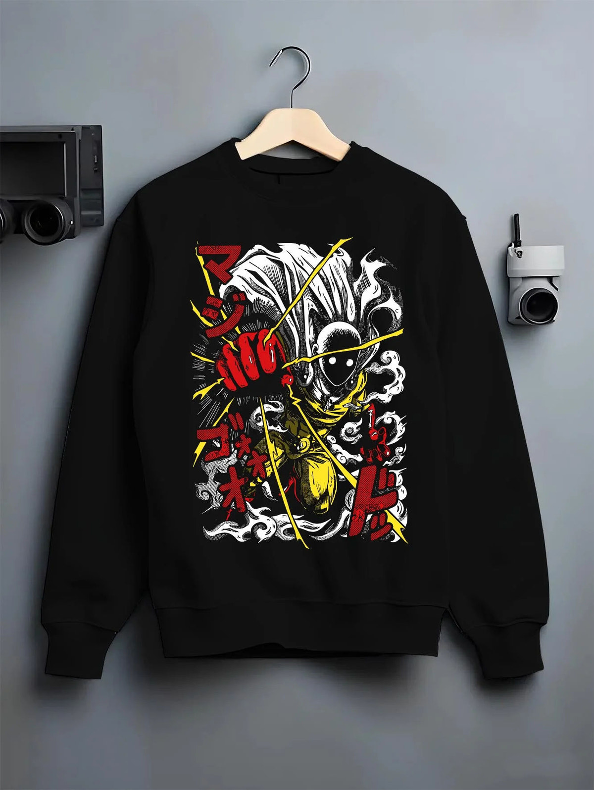 Black crewneck sweatshirt on hanger featuring Genos Demon Cyborg One Punch Man artwork.