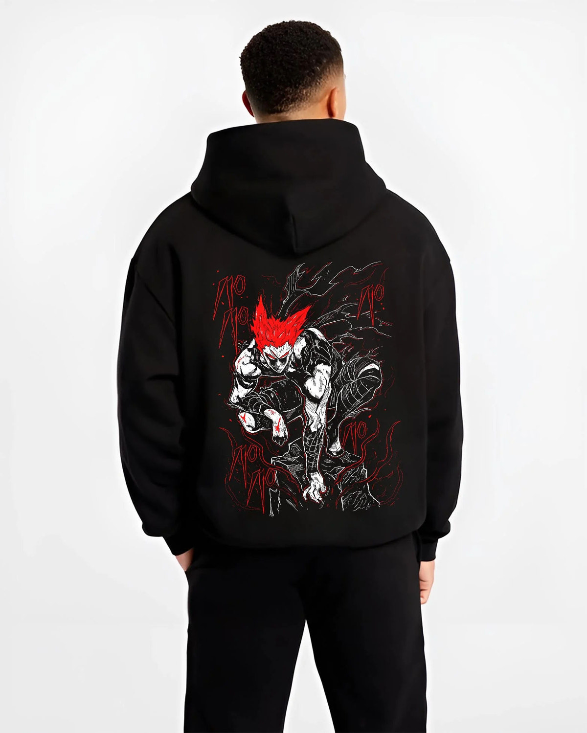 Black hoodie worn by male model from the back featuring Garou Hero Hunter One Punch Man artwork.