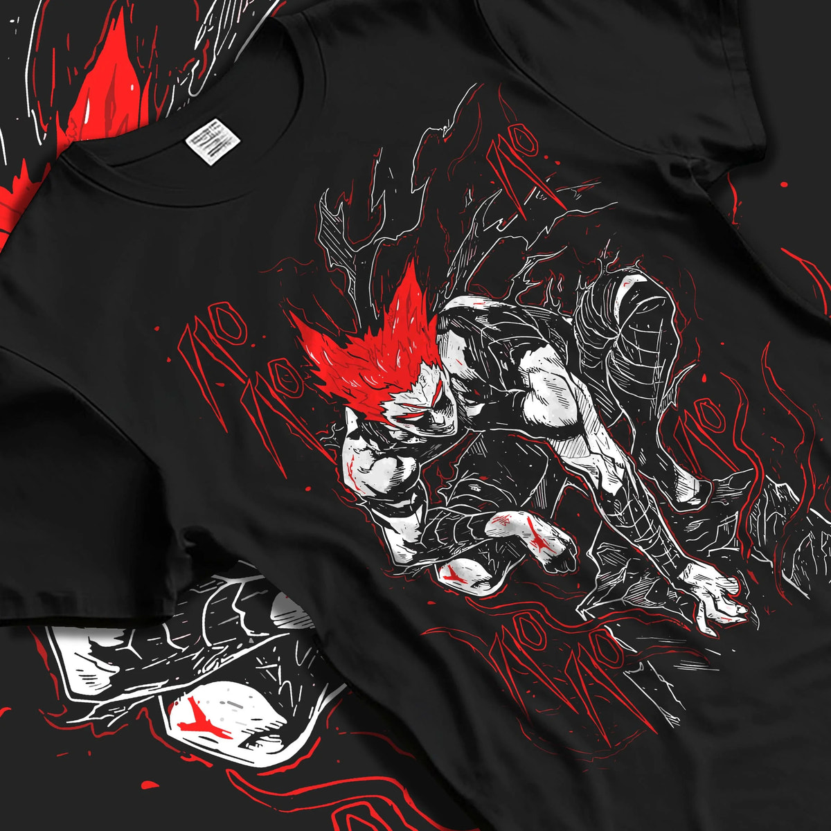 Black T-shirt laid flat with natural folds featuring Garou Hero Hunter One Punch Man artwork.