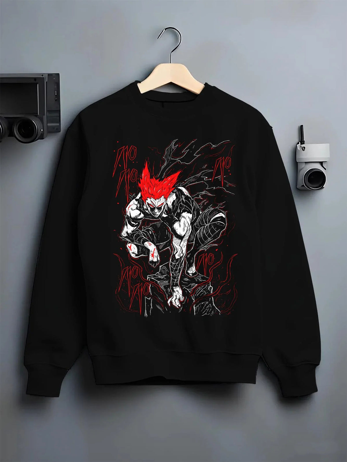 Black crewneck sweatshirt on hanger featuring Garou Hero Hunter One Punch Man artwork.