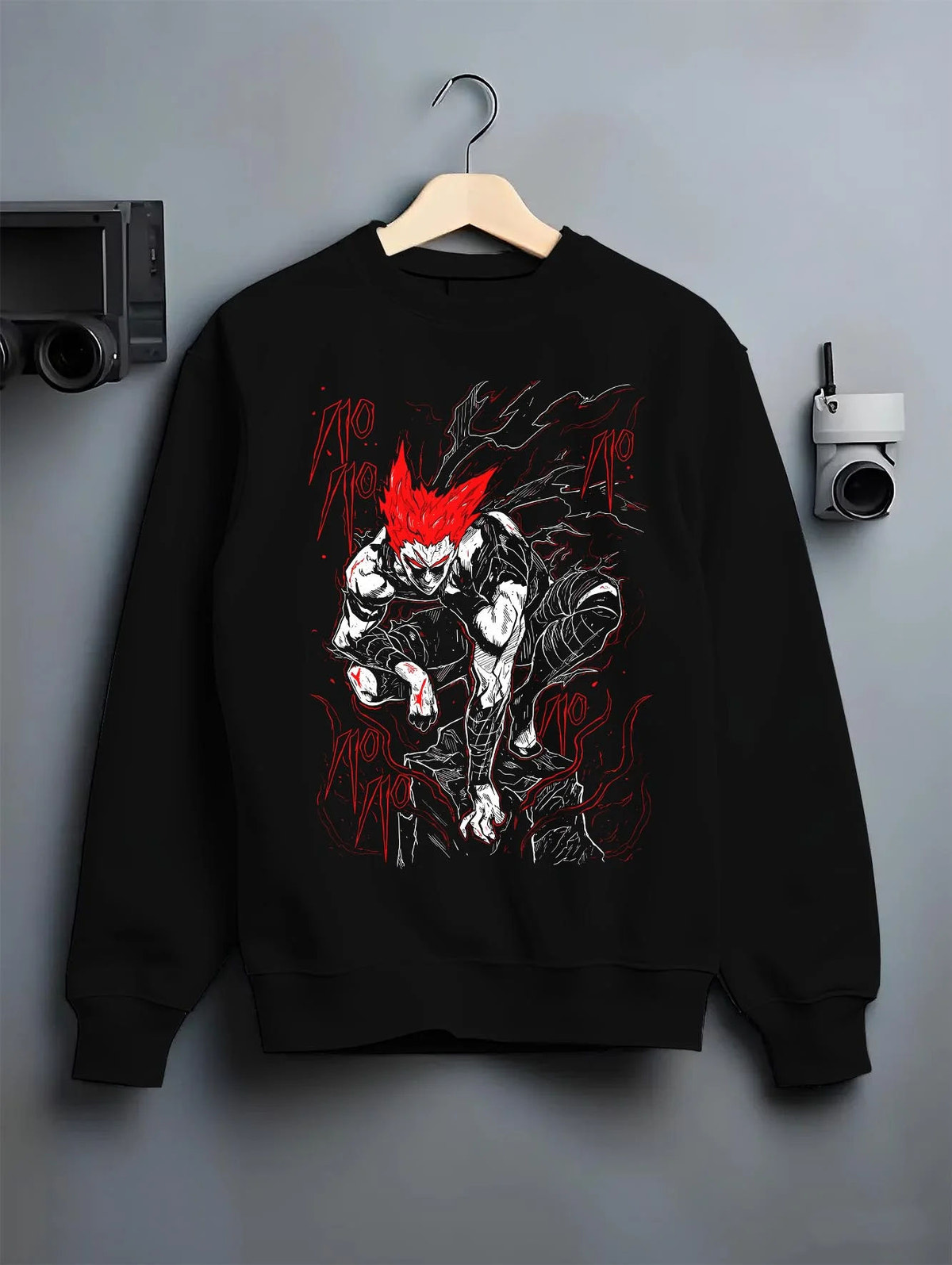 Black crewneck sweatshirt on hanger featuring Garou Hero Hunter One Punch Man artwork.