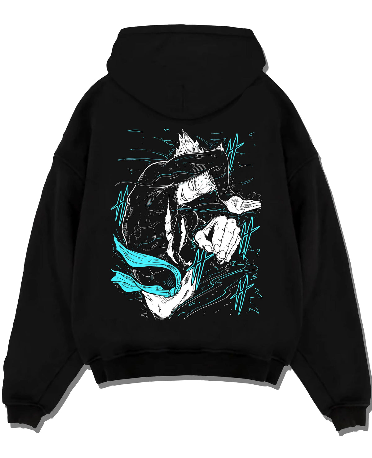 Black hoodie laid flat featuring Garou Water Stream martial arts One Punch Man artwork.