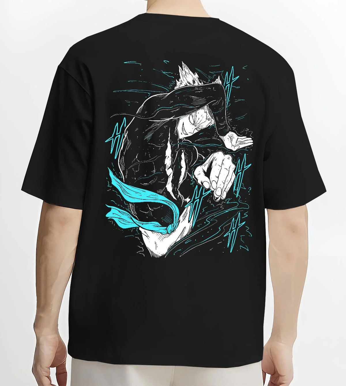 Black T-shirt worn by male model from the back featuring Garou Water Stream martial arts One Punch Man artwork.