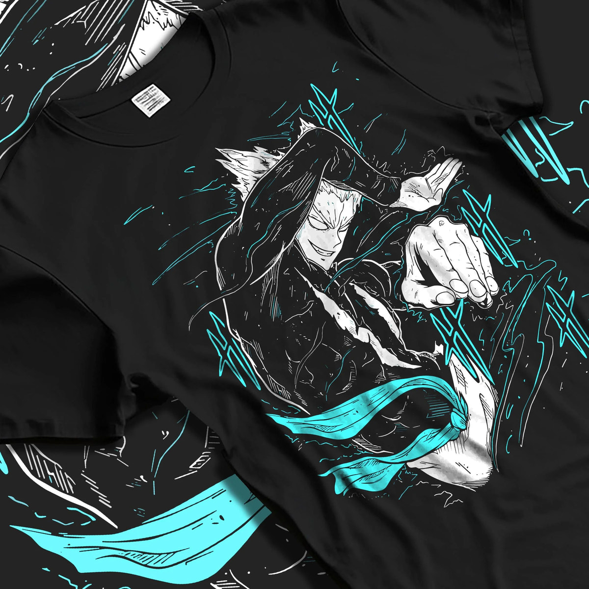 Black T-shirt laid flat with natural folds featuring Garou Water Stream martial arts One Punch Man artwork.