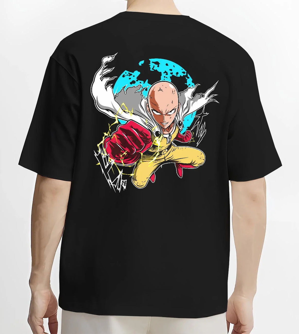 Black T-shirt worn by male model from the back featuring Saitama Serious Punch One Punch Man artwork.