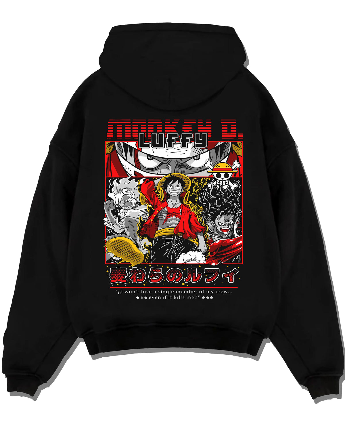 Black hoodie laid flat featuring Luffy Gear forms One Piece artwork.