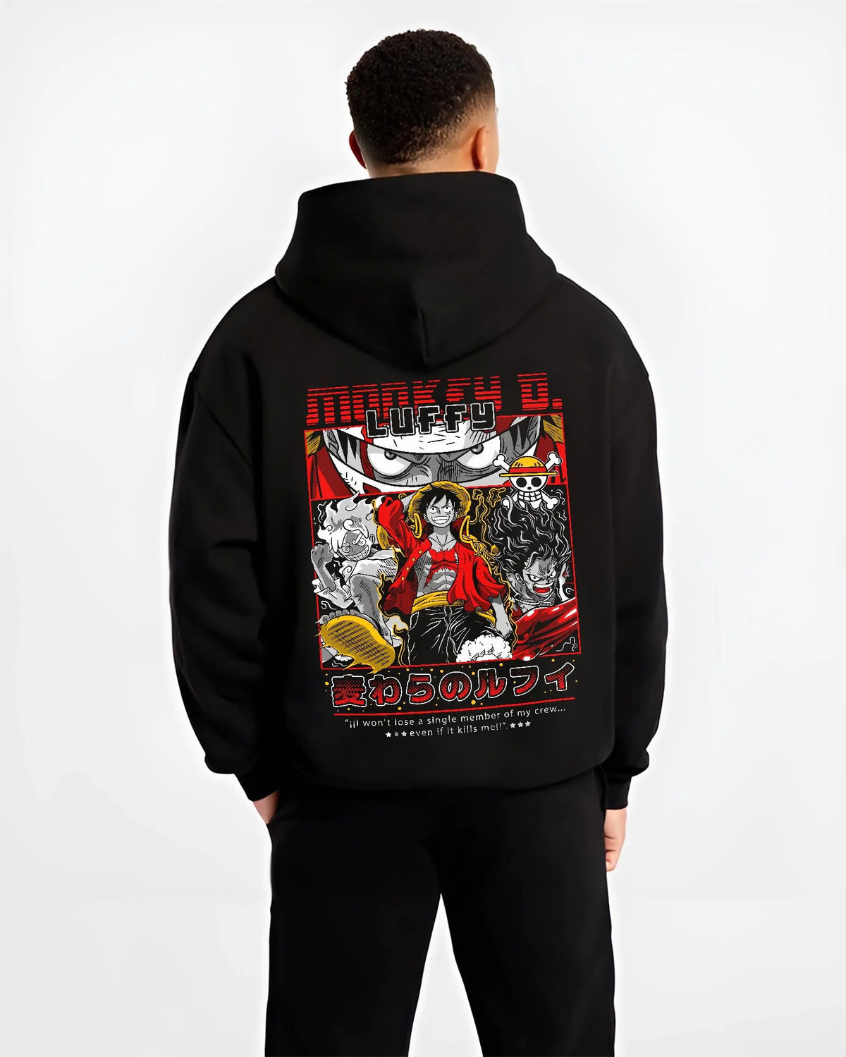 Black hoodie worn by male model from the back featuring Luffy Gear forms One Piece artwork.
