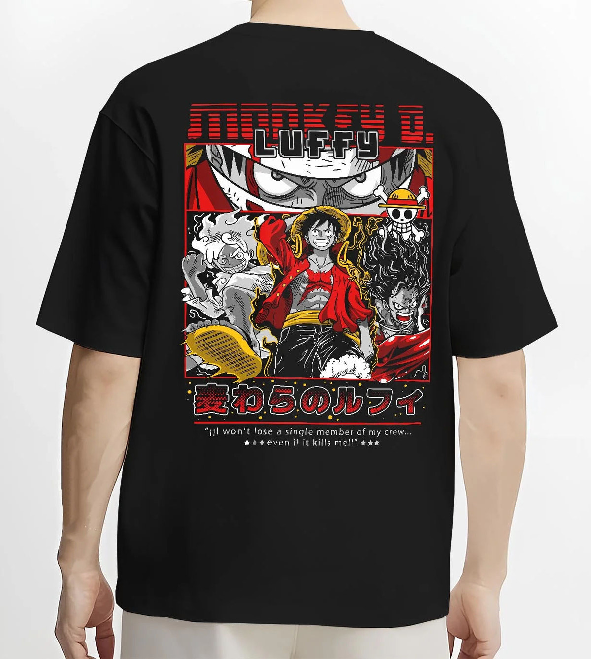 Black T-shirt worn by male model from the back featuring Luffy Gear forms One Piece artwork.