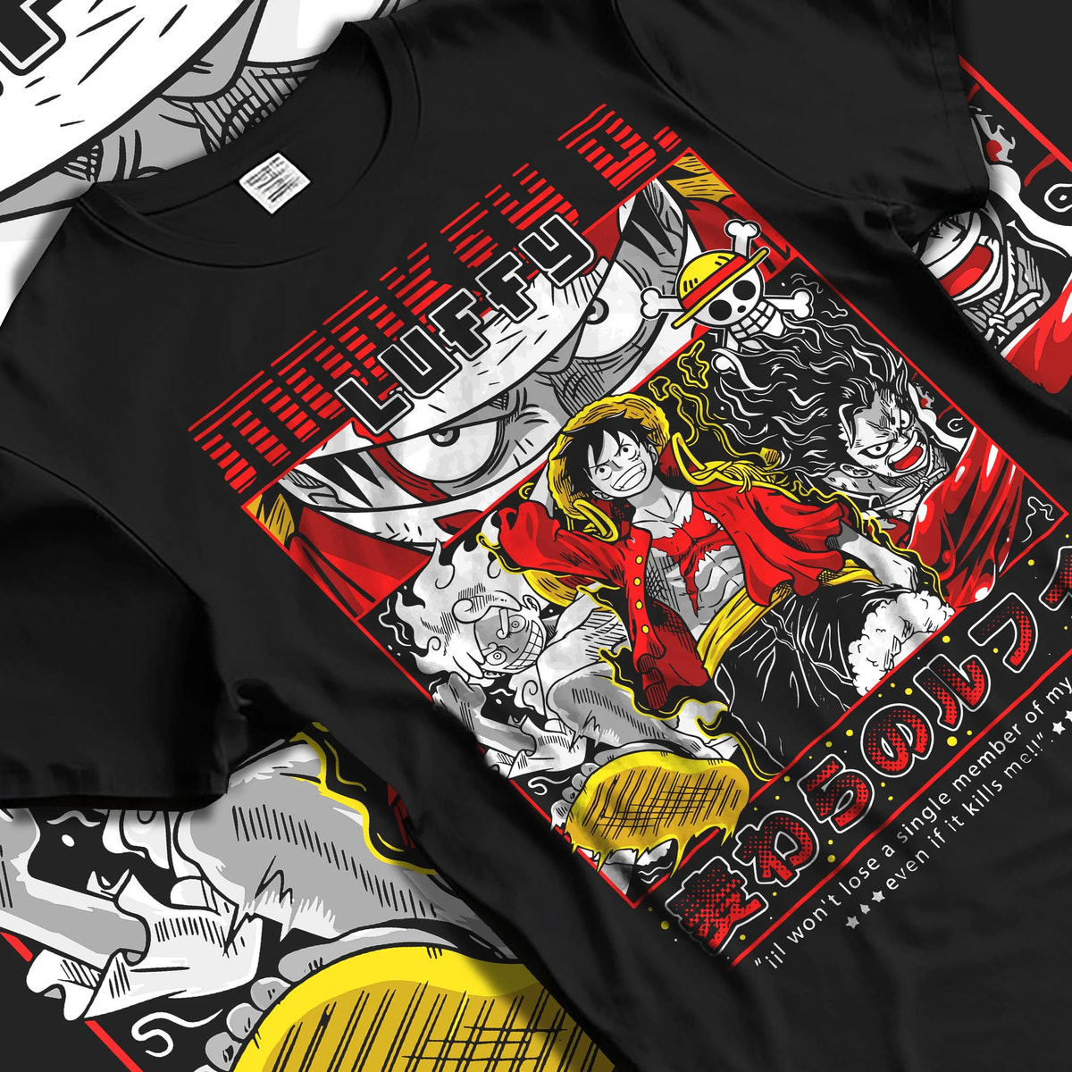 Black T-shirt laid flat with natural folds featuring Luffy Gear forms One Piece artwork.