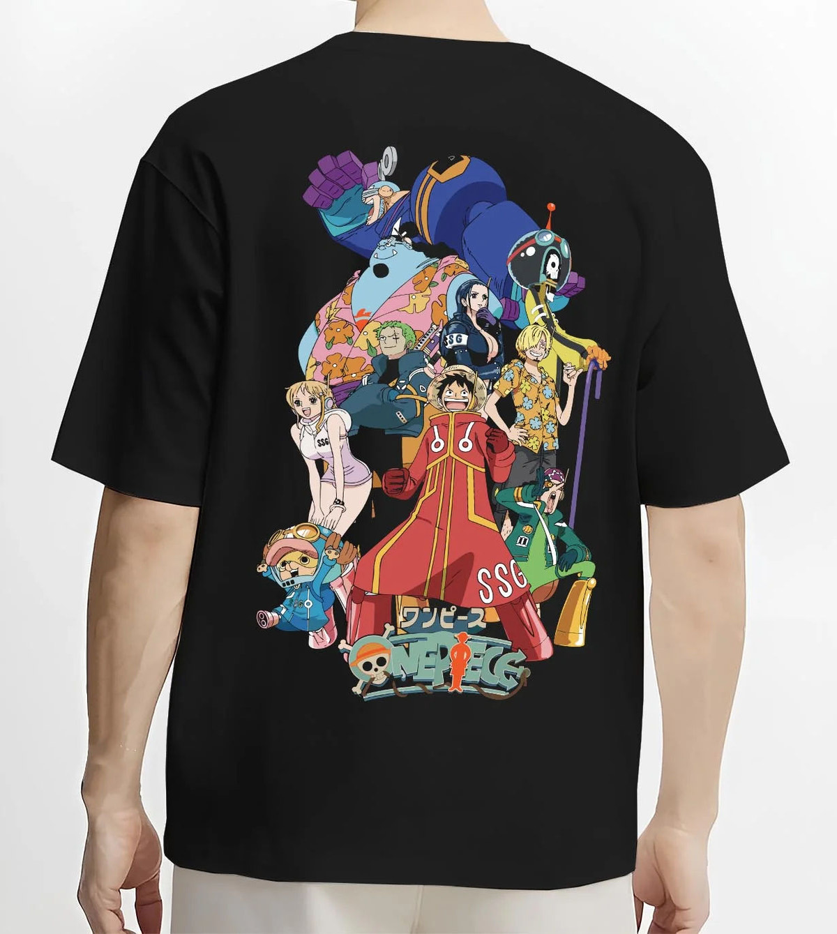 Black T-shirt worn by male model from the back featuring Straw Hat Crew Egghead Island One Piece artwork.