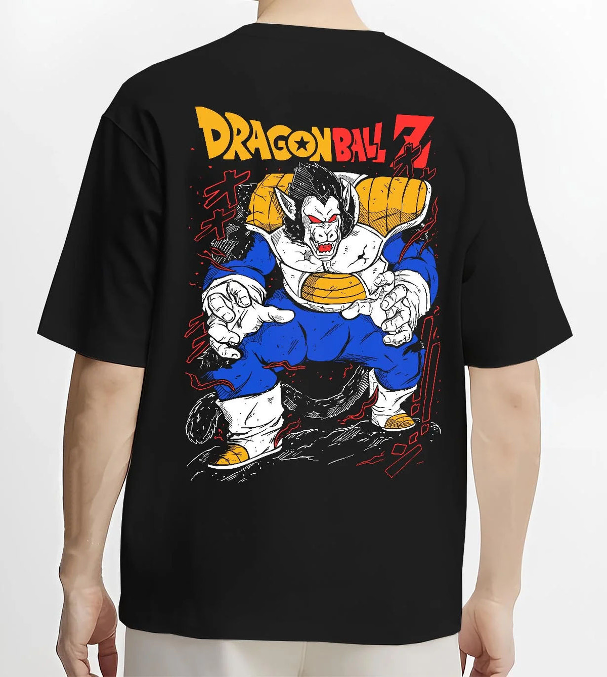 Black T-shirt worn by male model from the back featuring Vegeta Great Ape Oozaru form Dragon Ball Z artwork.