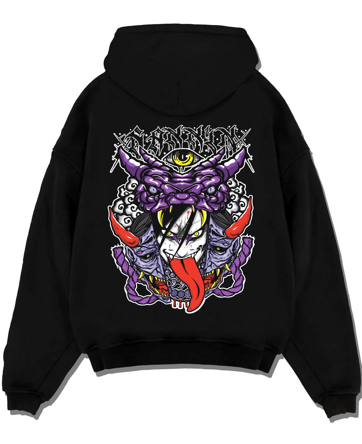 Black hoodie laid flat featuring Orochimaru snake summoning Naruto artwork.