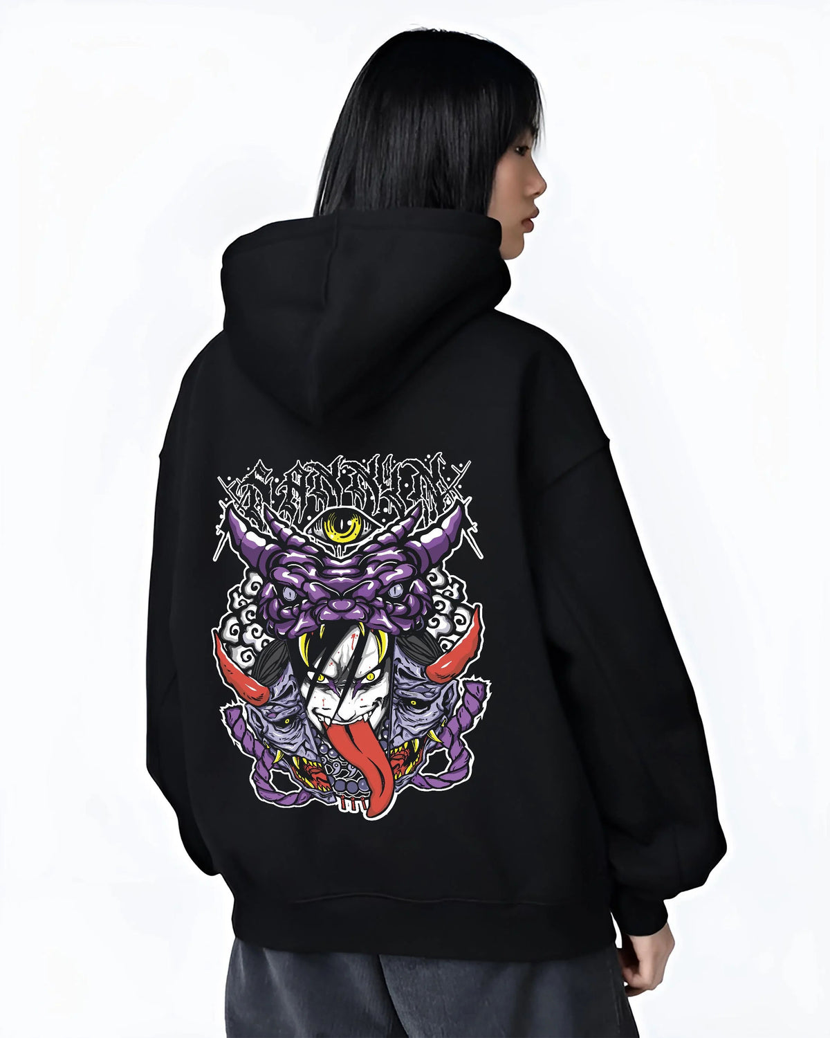 Black hoodie worn by female model from the back featuring Orochimaru snake summoning Naruto artwork.