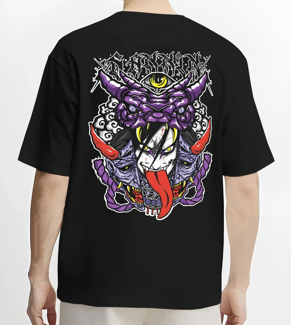 Black T-shirt worn by male model from the back featuring Orochimaru snake summoning Naruto artwork.