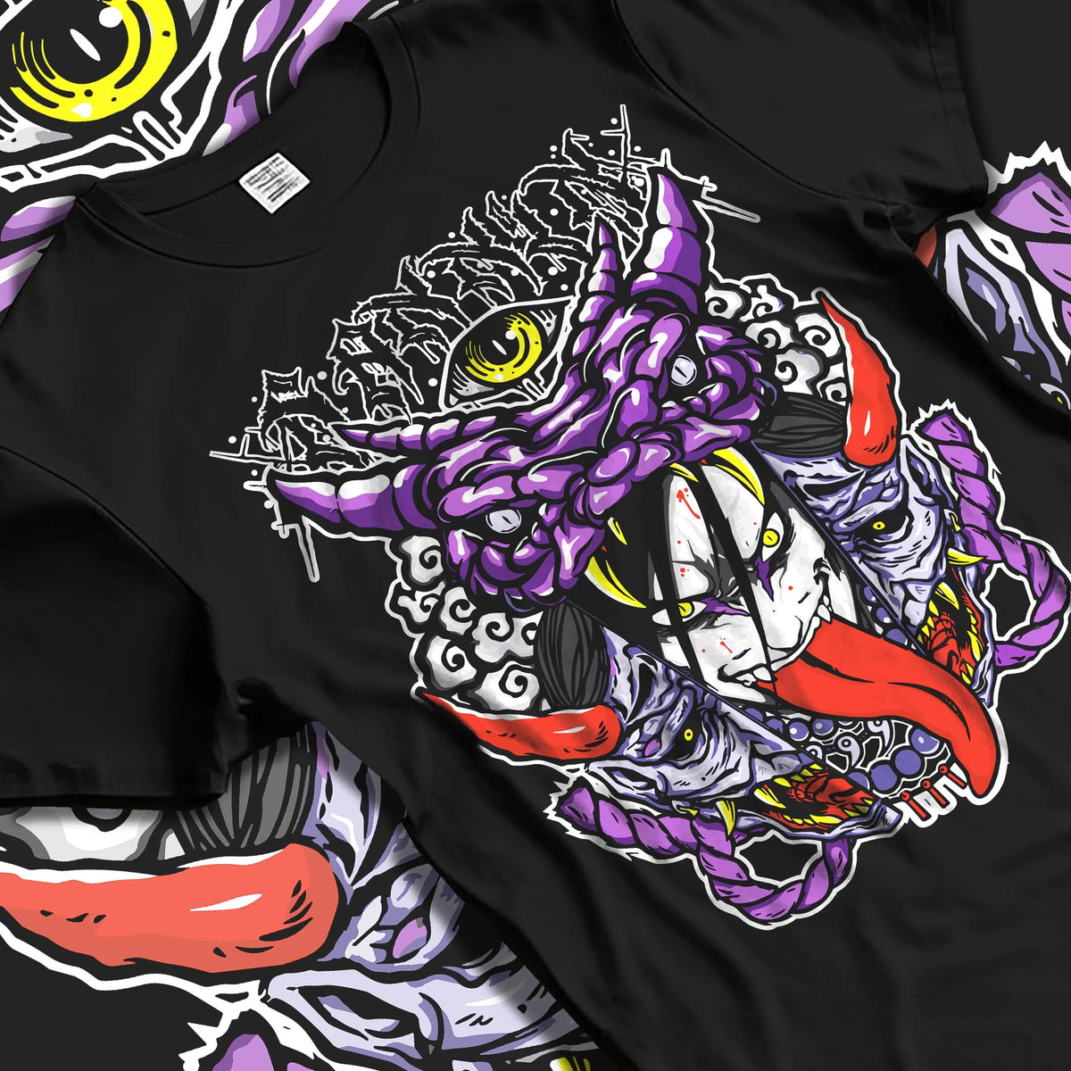 Black T-shirt laid flat with natural folds featuring Orochimaru snake summoning Naruto artwork.