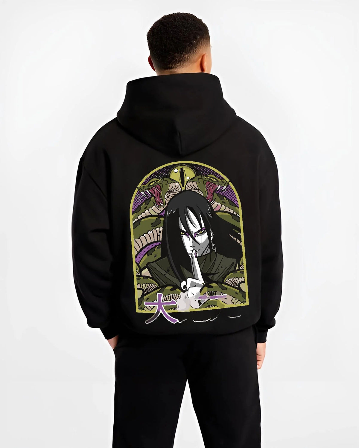 Black hoodie worn by male model from the back featuring Orochimaru Eight Branches technique Naruto artwork.