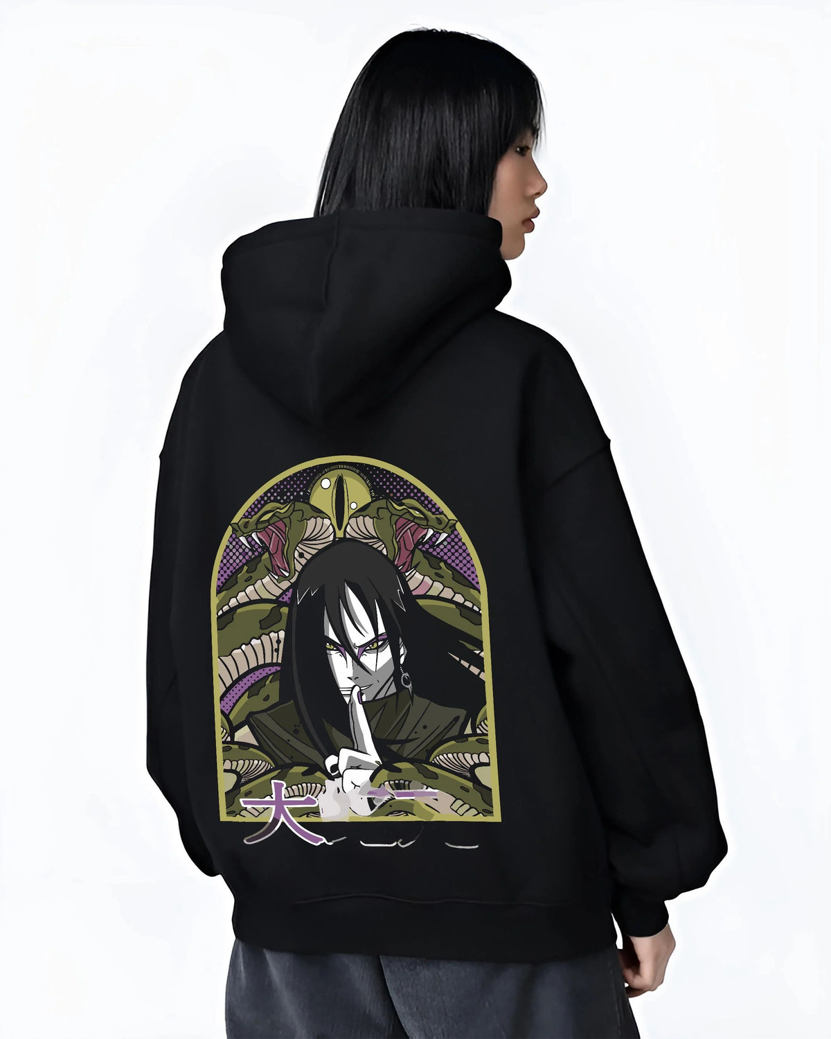 Black hoodie worn by female model from the back featuring Orochimaru Eight Branches technique Naruto artwork.