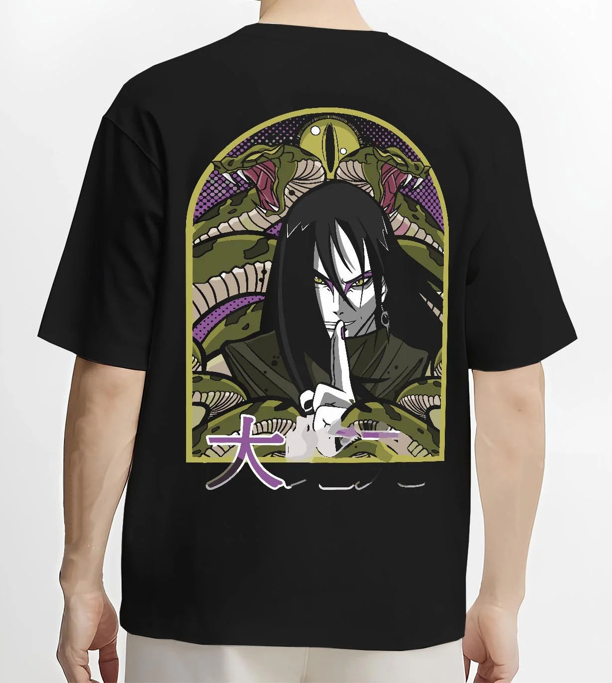 Black T-shirt worn by male model from the back featuring Orochimaru Eight Branches technique Naruto artwork.