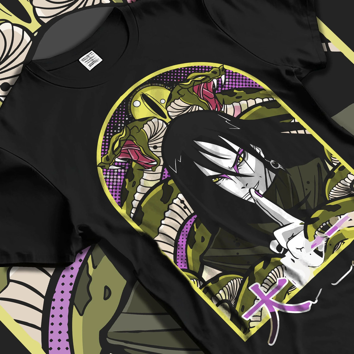 Black T-shirt laid flat with natural folds featuring Orochimaru Eight Branches technique Naruto artwork.