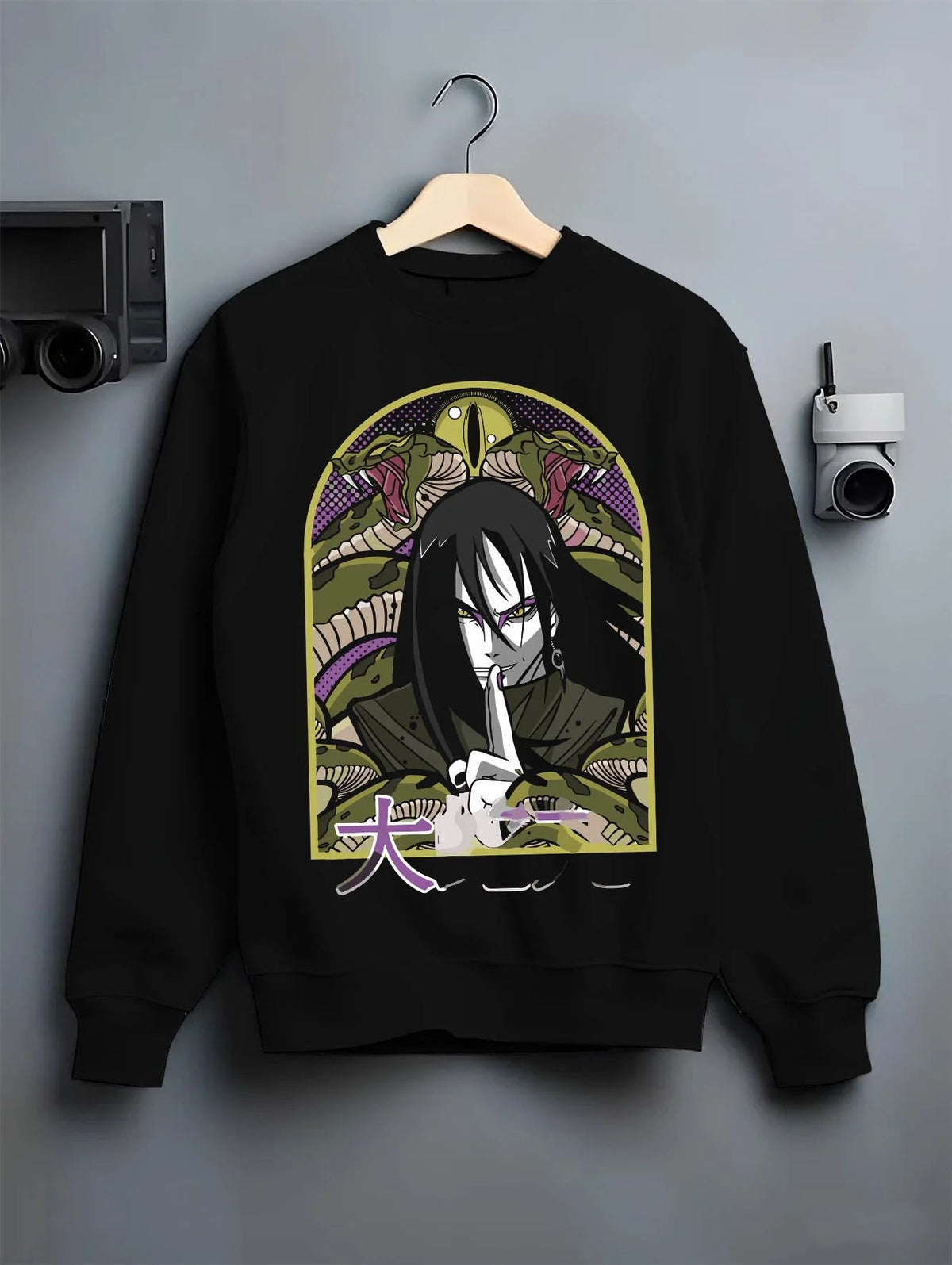 Black crewneck sweatshirt on hanger featuring Orochimaru Eight Branches technique Naruto artwork.