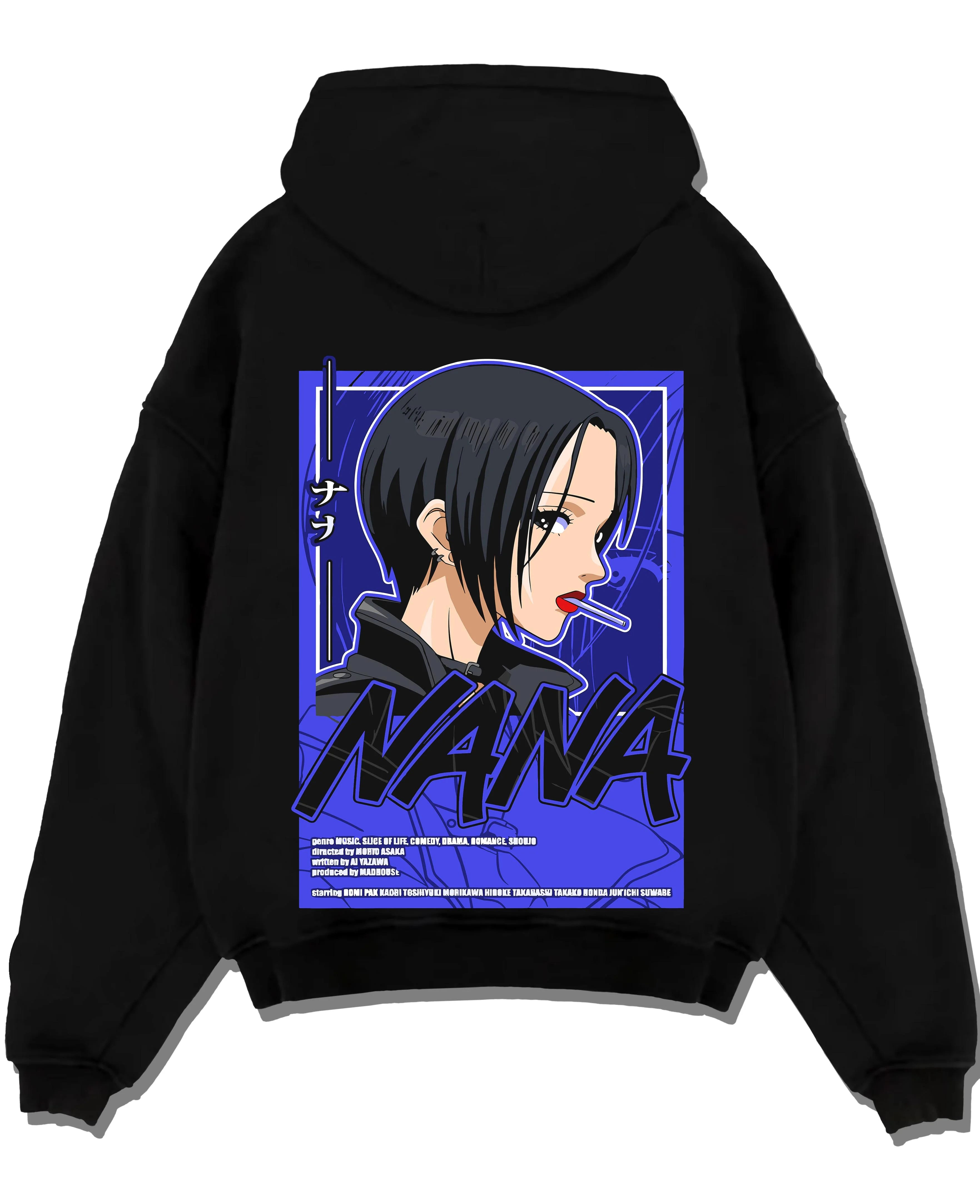 Black pullover hoodie laid flat with Osaragi Hoodie Oshi no Ko School Uniform graphic bold anime graphic.