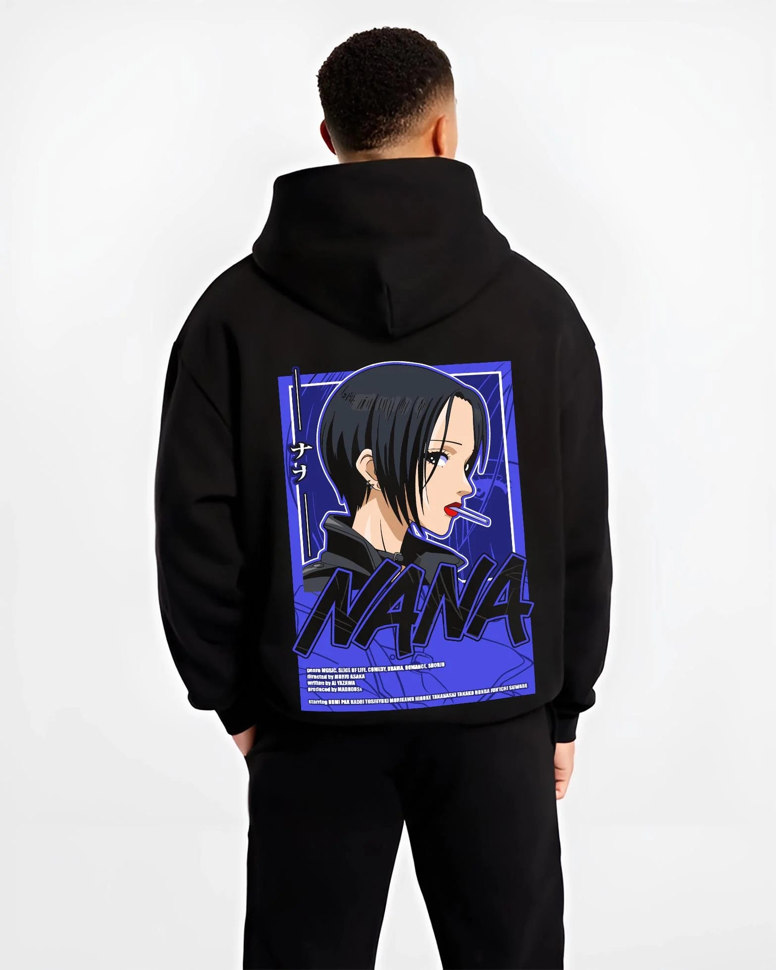 Black hoodie worn by male model, back view with Osaragi Hoodie Oshi no Ko School Uniform graphic premium wear.