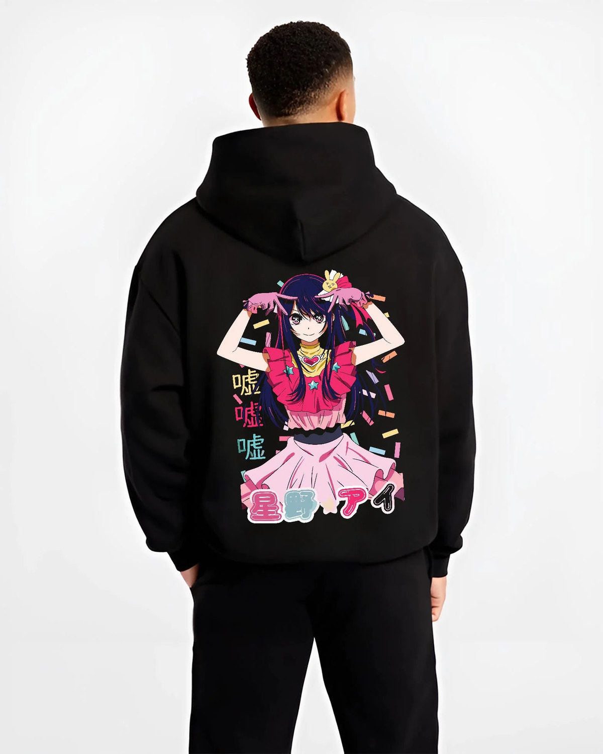 Black hoodie worn by male model from the back featuring Ai Hoshino idol star portrait Oshi no Ko artwork.