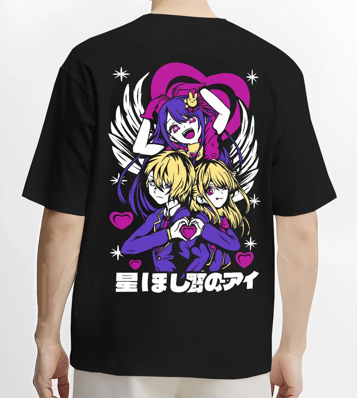 Black T-shirt worn by male model from the back featuring Ai Hoshino with Ruby and Aqua Oshi no Ko artwork.
