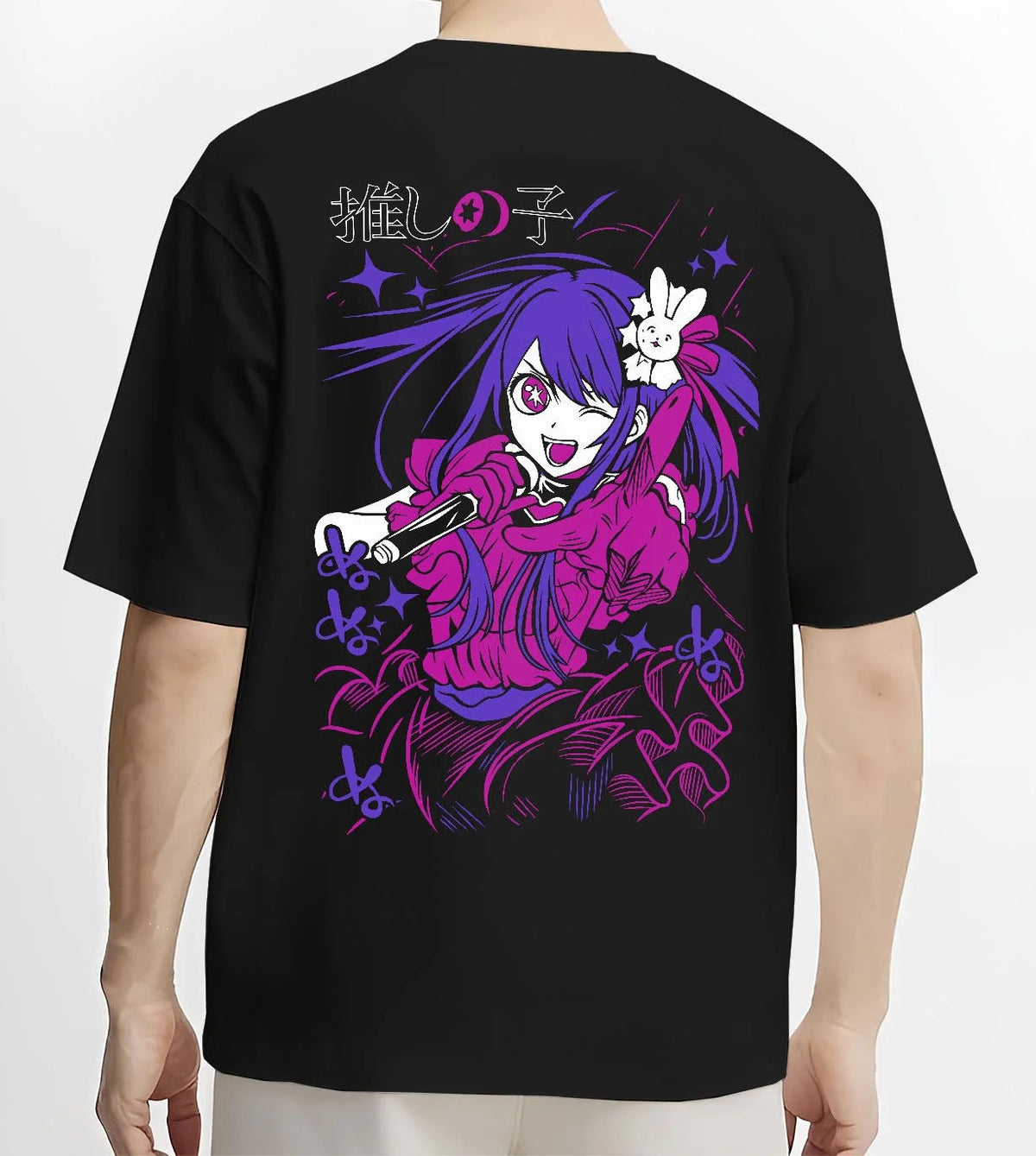 Black T-shirt worn by male model from the back featuring Ai Hoshino microphone stage portrait Oshi no Ko artwork.