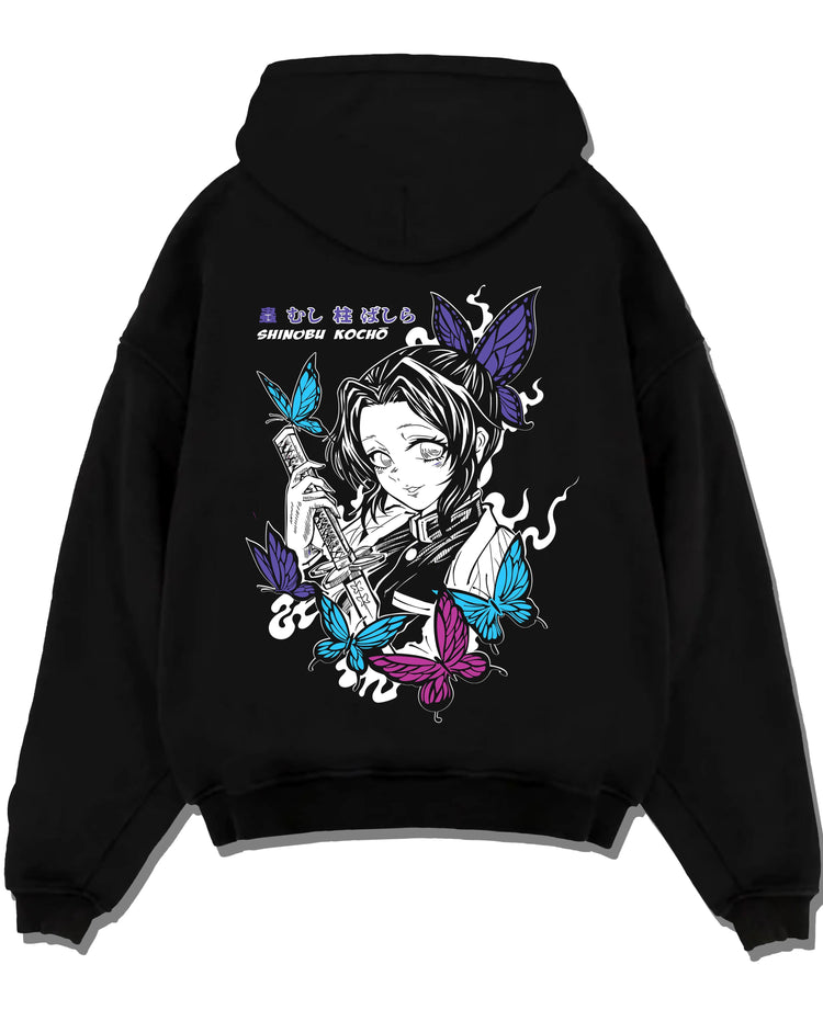 Black hoodie laid flat featuring Shinobu Kocho butterfly poison Demon Slayer artwork.